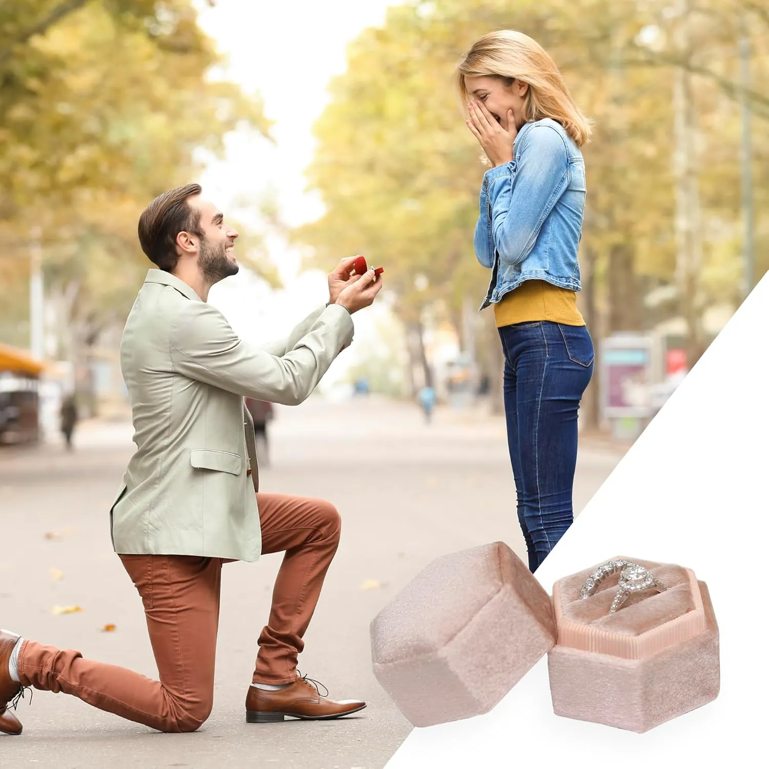 BLUTETE Hexagon Velvet 2 Slots Jewelry Ring Box Engagement Ring Box Wedding Day Detachable Lid for Proposal Engagement Wedding Ceremony (Blush Peach)