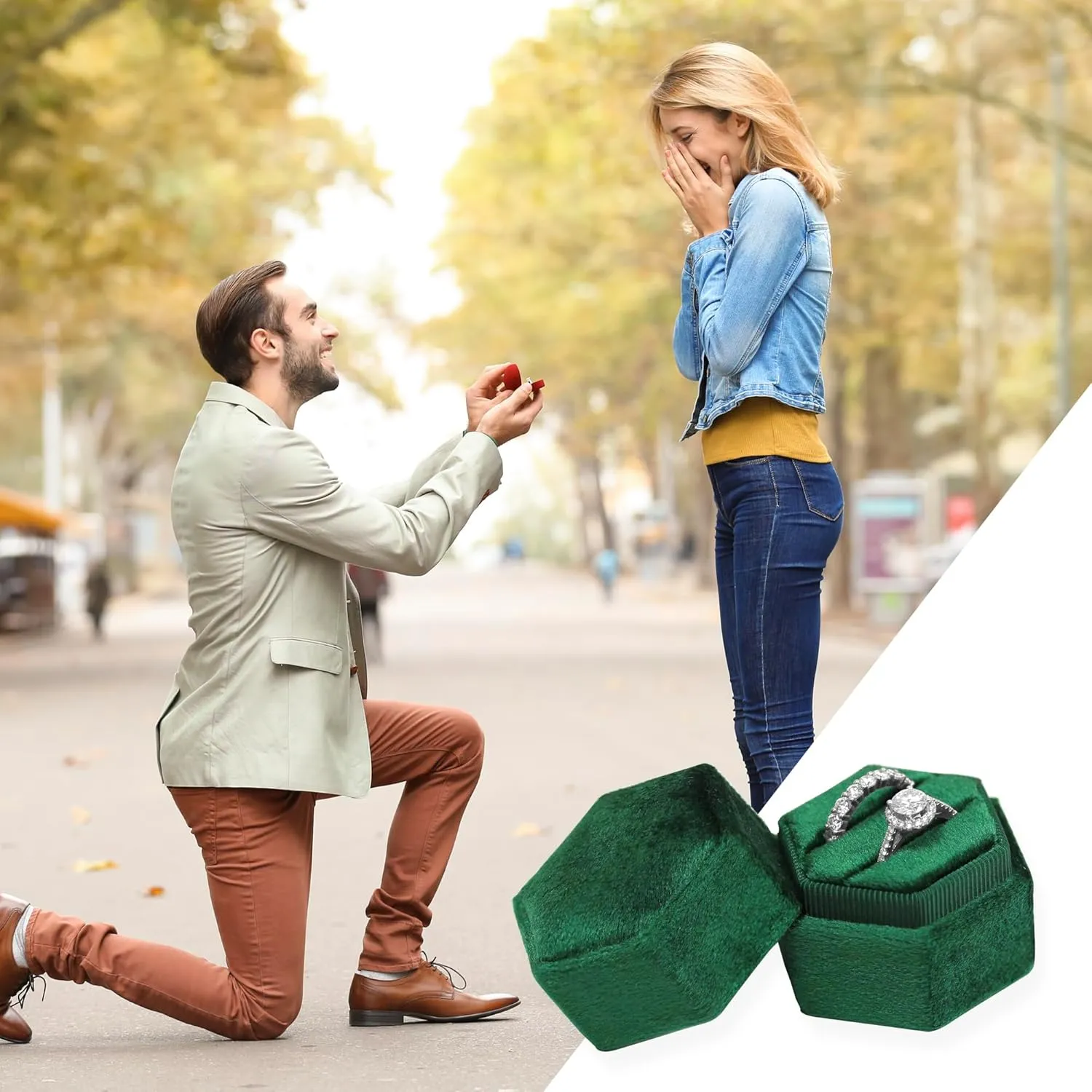 BLUTETE Hexagon Velvet 2 Slots Jewelry Ring Box Engagement Ring Box Wedding Day Detachable Lid for Proposal Engagement Wedding Ceremony (Dark Emerald)