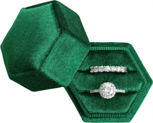 BLUTETE Hexagon Velvet 2 Slots Jewelry Ring Box Engagement Ring Box Wedding Day Detachable Lid for Proposal Engagement Wedding Ceremony (Dark Emerald)