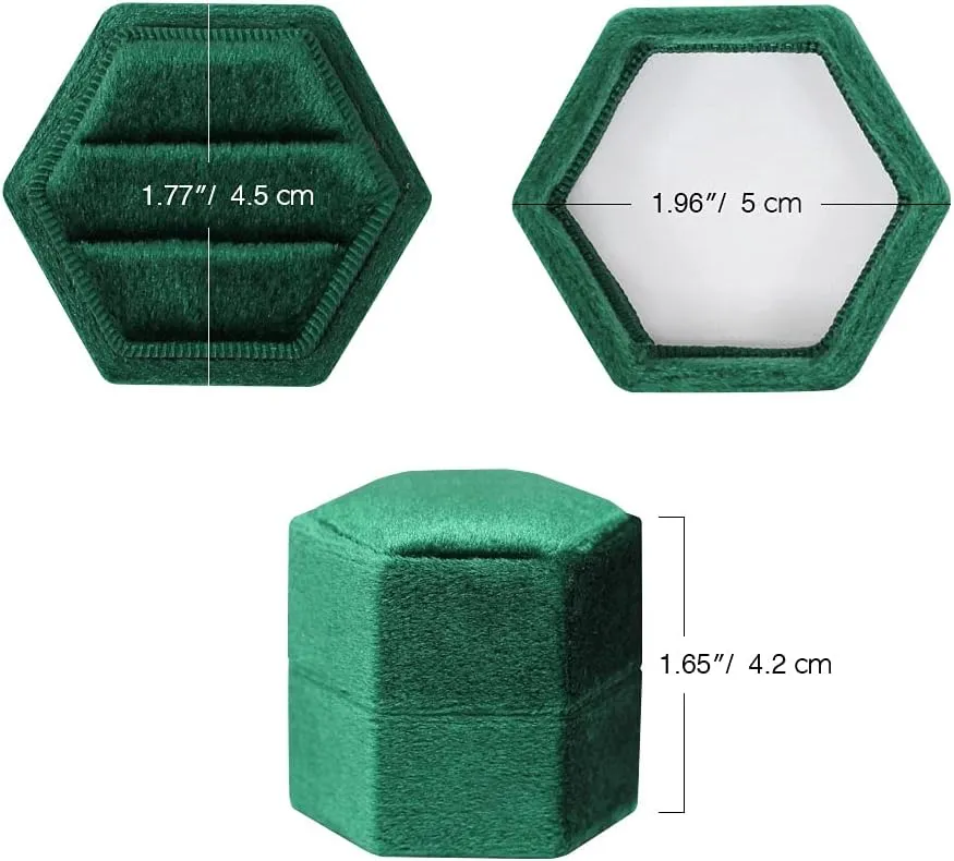 BLUTETE Hexagon Velvet 2 Slots Jewelry Ring Box Engagement Ring Box Wedding Day Detachable Lid for Proposal Engagement Wedding Ceremony (Dark Emerald)