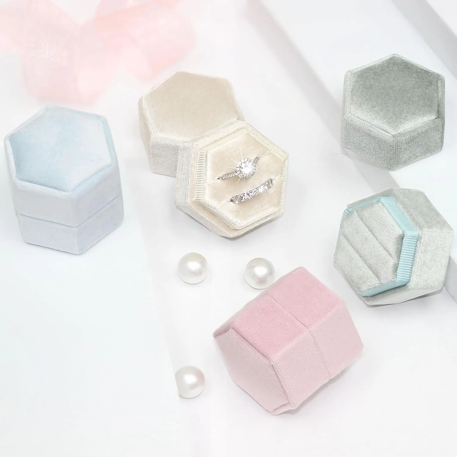 BLUTETE Hexagon Velvet 2 Slots Jewelry Ring Box Engagement Ring Box Wedding Day Detachable Lid for Proposal Engagement Wedding Ceremony (Dark Emerald)