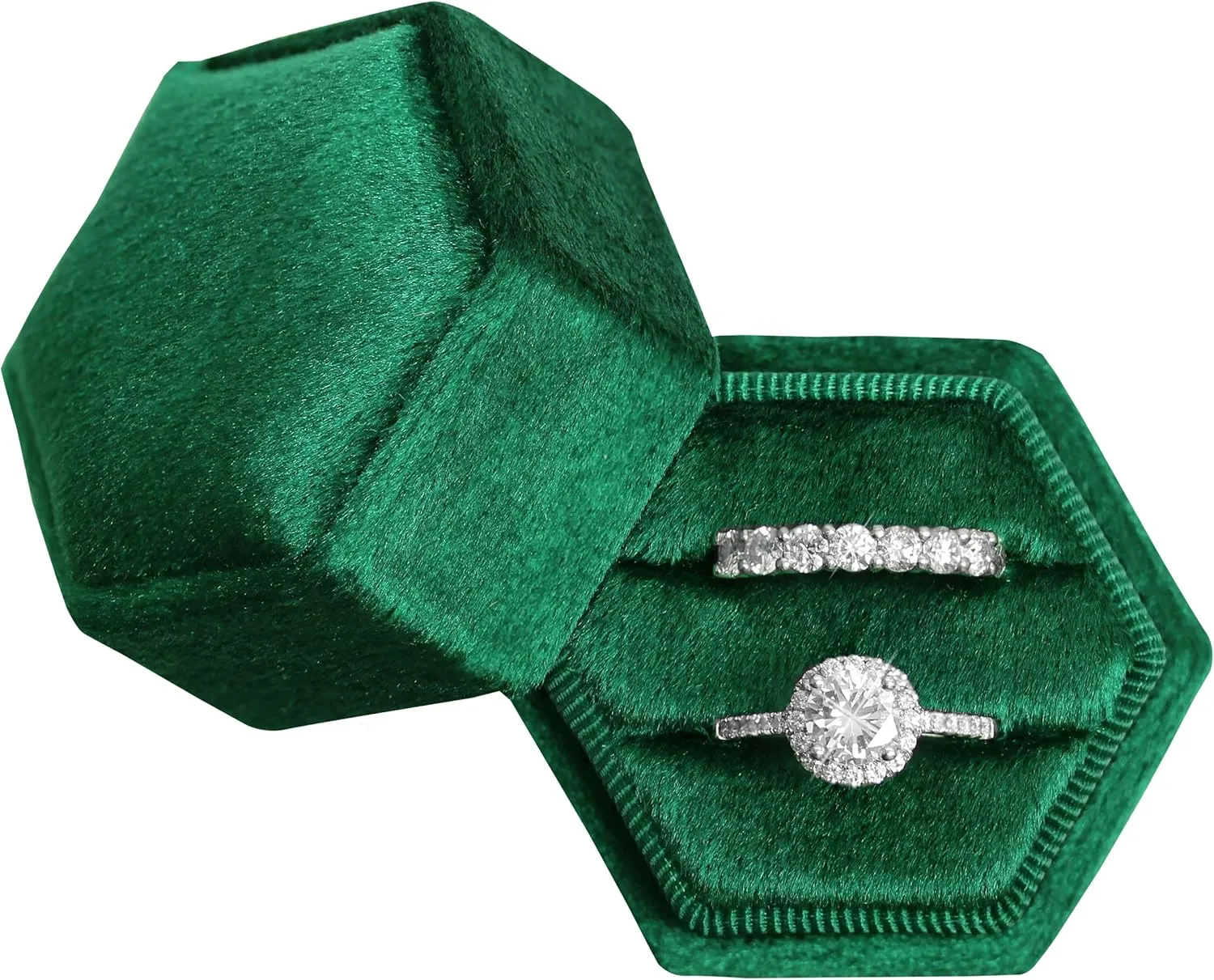 BLUTETE Hexagon Velvet 2 Slots Jewelry Ring Box Engagement Ring Box Wedding Day Detachable Lid for Proposal Engagement Wedding Ceremony (Dark Emerald)