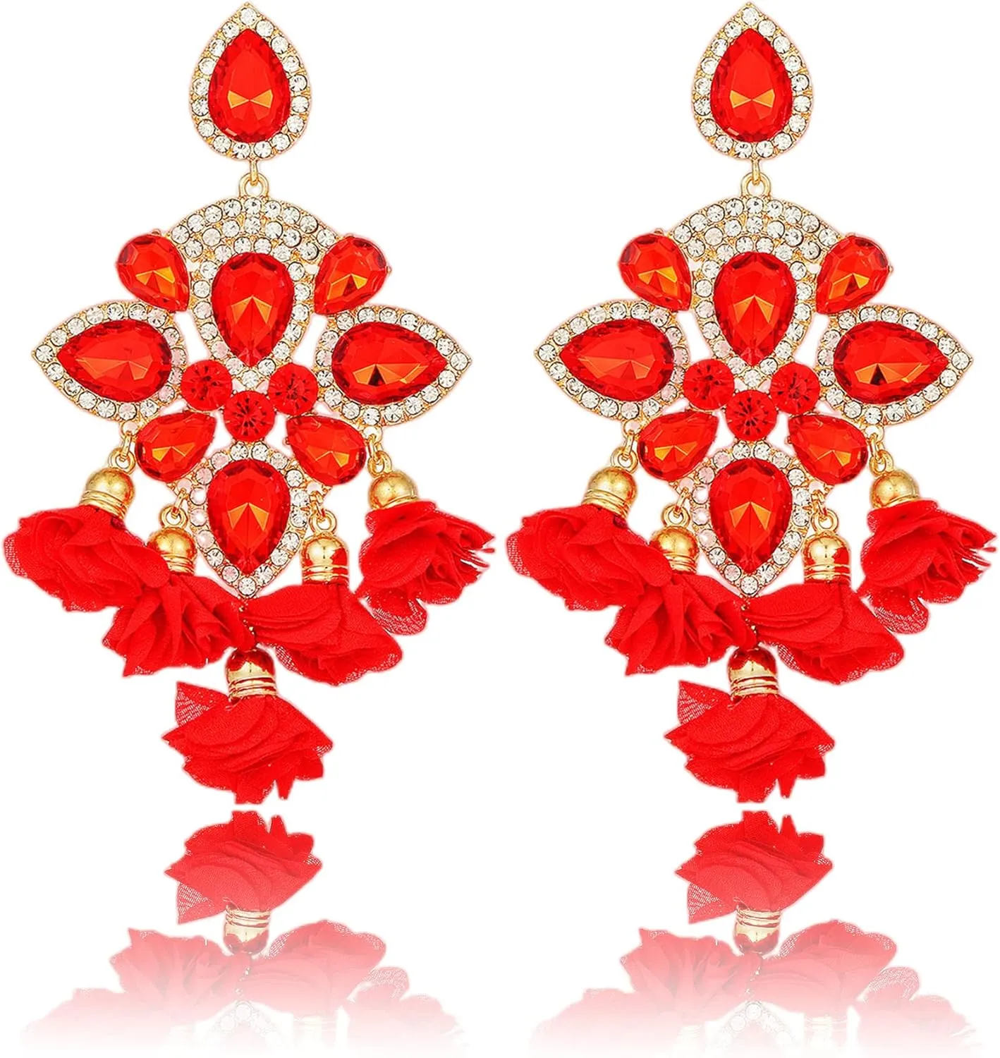 BOBOWINGS Large Crystal Earrings Flowers Tassel Handmade Geometric Rhinestones Statement Gold Drop Dangle Big Earrings Jewelry for Women Trendy