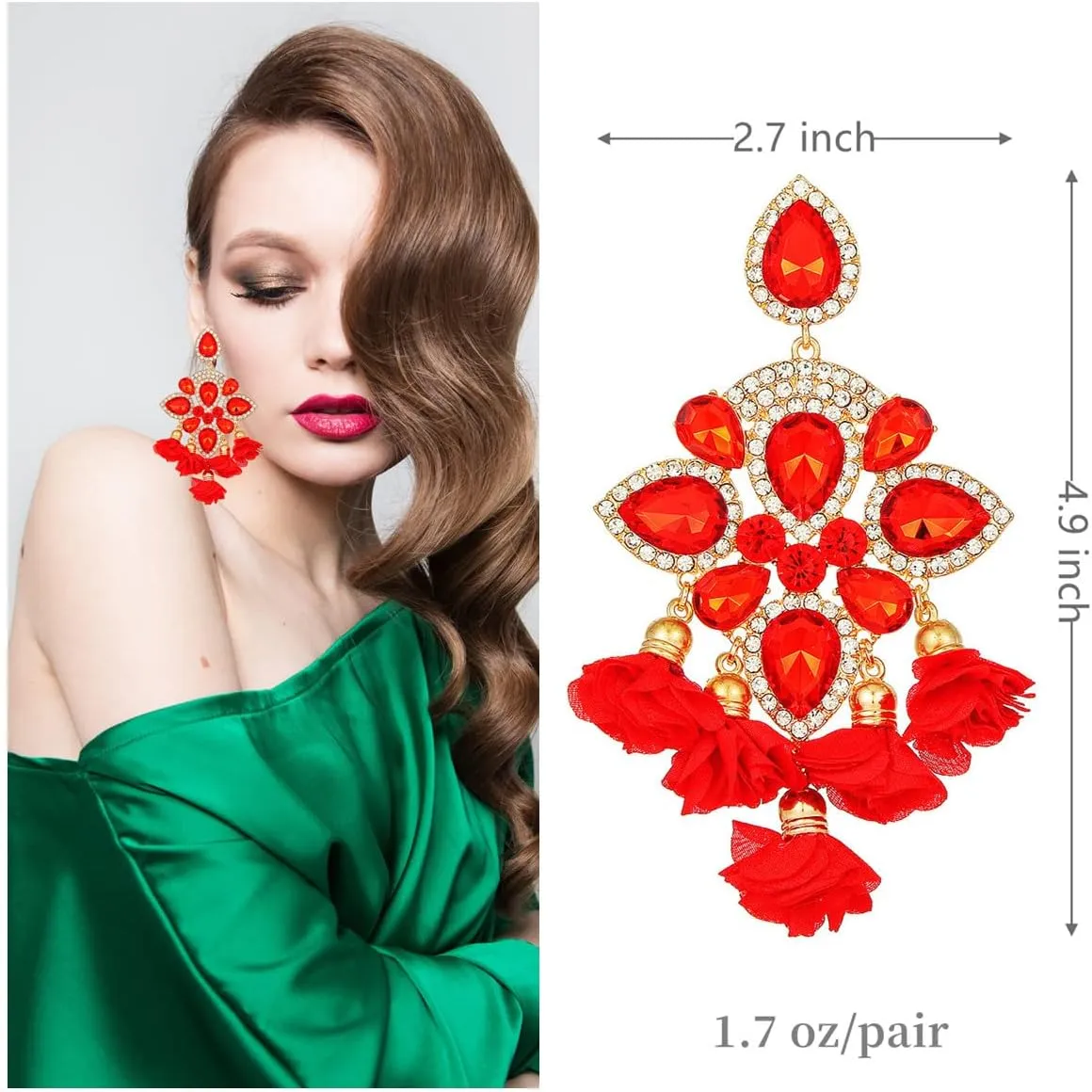 BOBOWINGS Large Crystal Earrings Flowers Tassel Handmade Geometric Rhinestones Statement Gold Drop Dangle Big Earrings Jewelry for Women Trendy