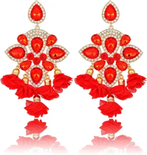 BOBOWINGS Large Crystal Earrings Flowers Tassel Handmade Geometric Rhinestones Statement Gold Drop Dangle Big Earrings Jewelry for Women Trendy