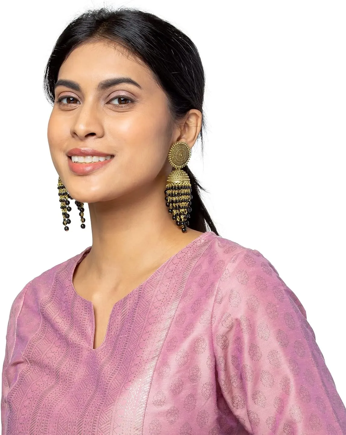 Bodha Traditional Indian Antique Gold Plated Black Meenakari, CZ, Pearls Jhumka Earrings Women (SJE_18_BK)
