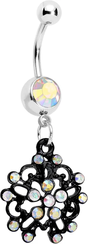 Body Candy Stainless Steel Aurora Accented Black Intricate Snowflake Dangle Belly Ring