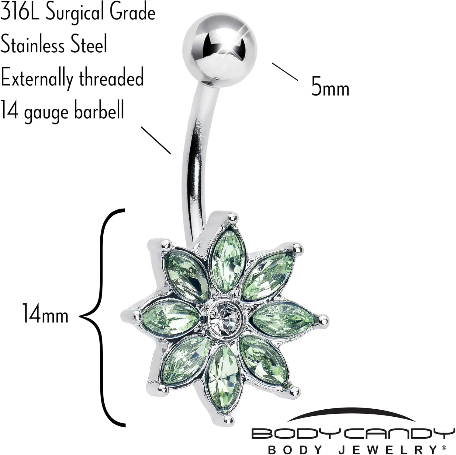Body Candy Womens 14G 316L Stainless Steel Navel Ring Piercing Flower Elegance Bloom Mens Belly Button Ring