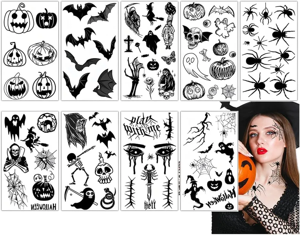 BodyAce Halloween Fake Piercings Lip Rings, Vampire Teeth Lip Cuff Double Hoop Nose Rings, Goth Cyberpunk Face Lip Jewelry With Fake Tattoos Sticker