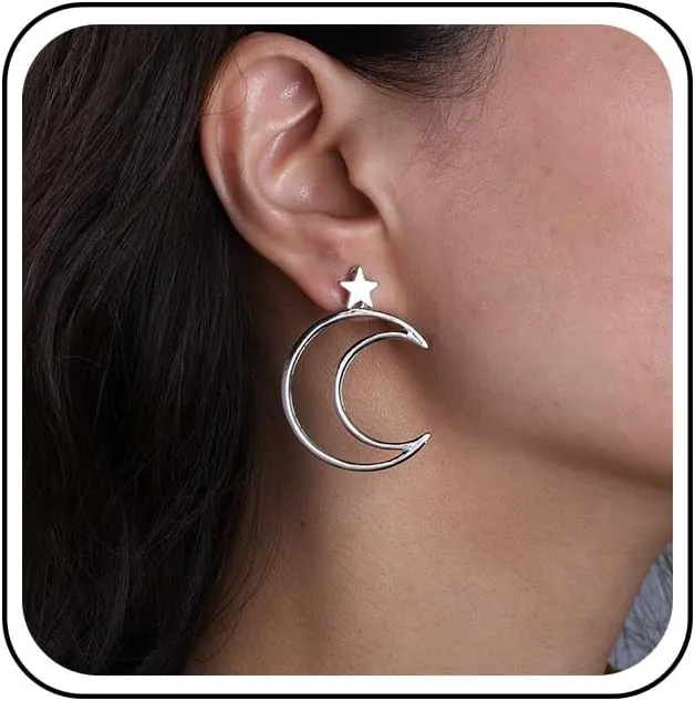 Bohemian Star Moon Jacket Earrings Gold Crescent Moon Earrings Large Hollow Moon Star Stud Earrings Minimalist Star Crescent Earrings Jewelry for Women