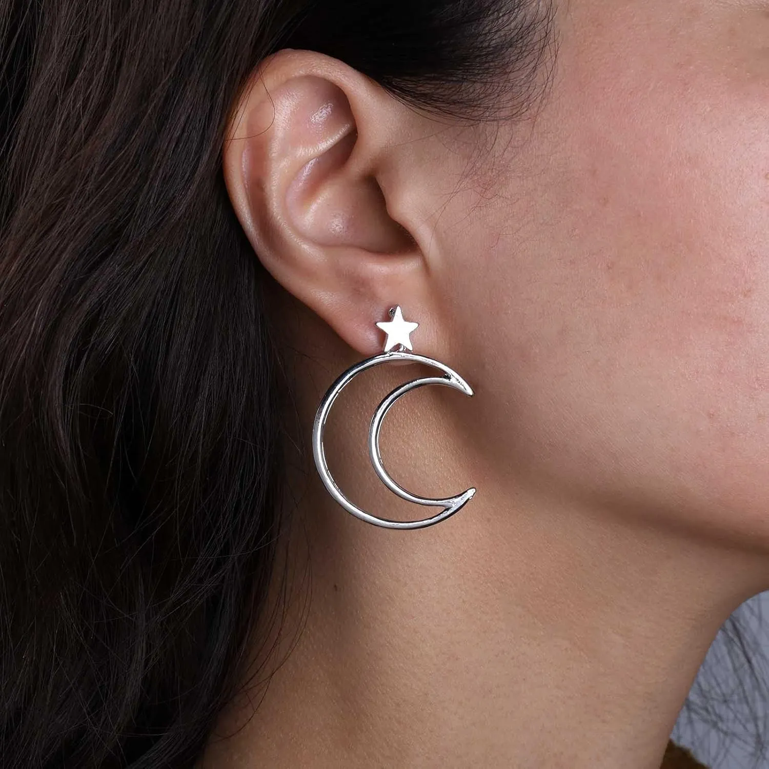 Bohemian Star Moon Jacket Earrings Gold Crescent Moon Earrings Large Hollow Moon Star Stud Earrings Minimalist Star Crescent Earrings Jewelry for Women