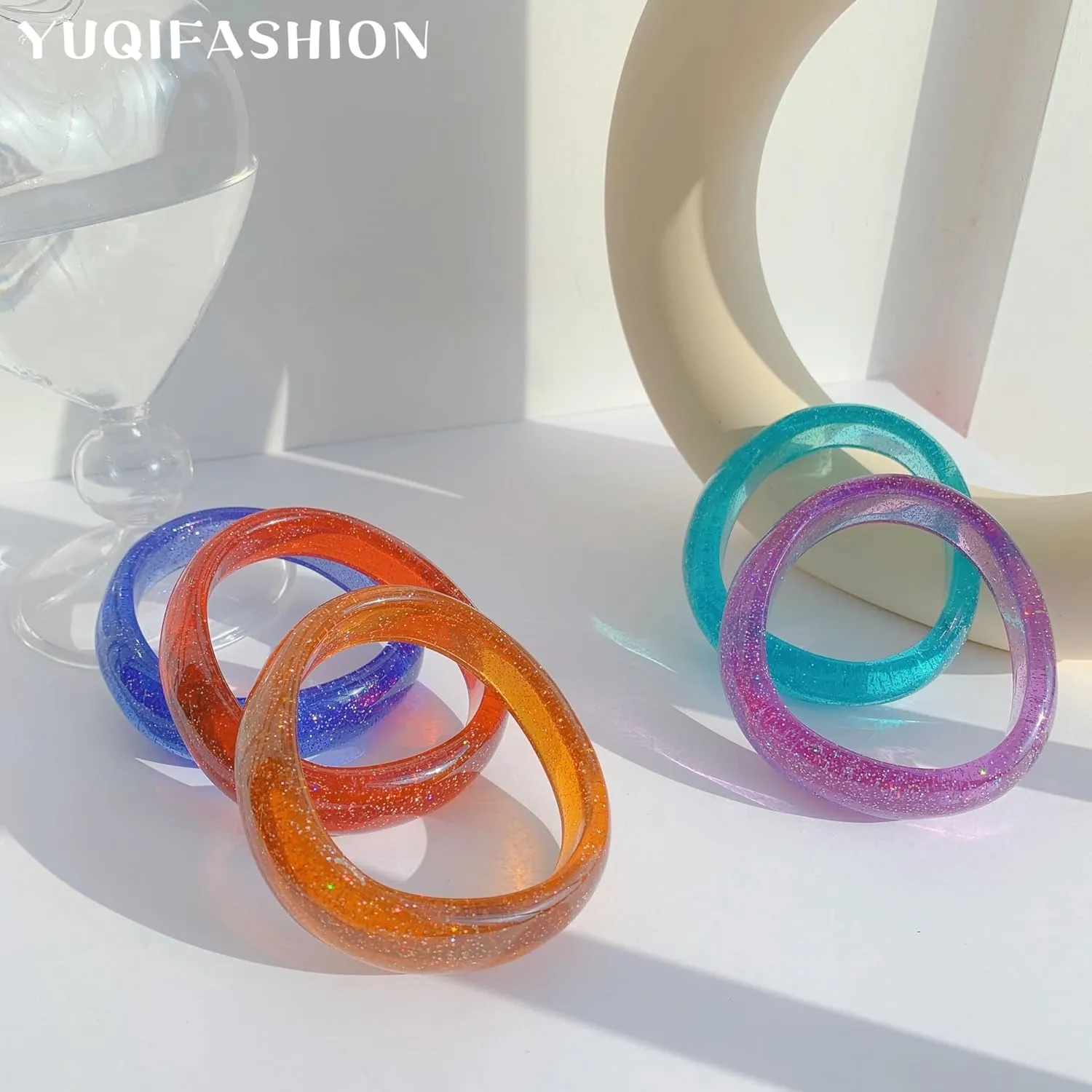 Boho Colorful Shimmer Acrylic Resin Bangle Bracelet Transparent Plastic Wristbands Irregular Geometric Cuff Bracelet for Women Jewelry