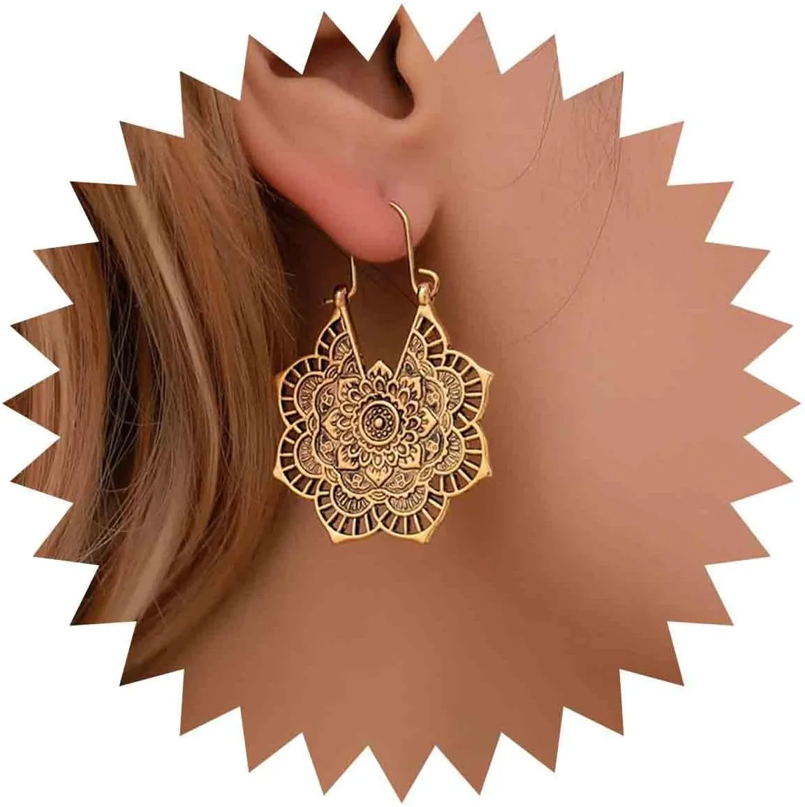 Boho Mandala Flower Earrings Gold Drop Dangle Earrings Retro Tribal Dangle Earrings Statement Nightclub Prom Ethnic Hoop Earrings Jewelry for Women and Girls(Gold)