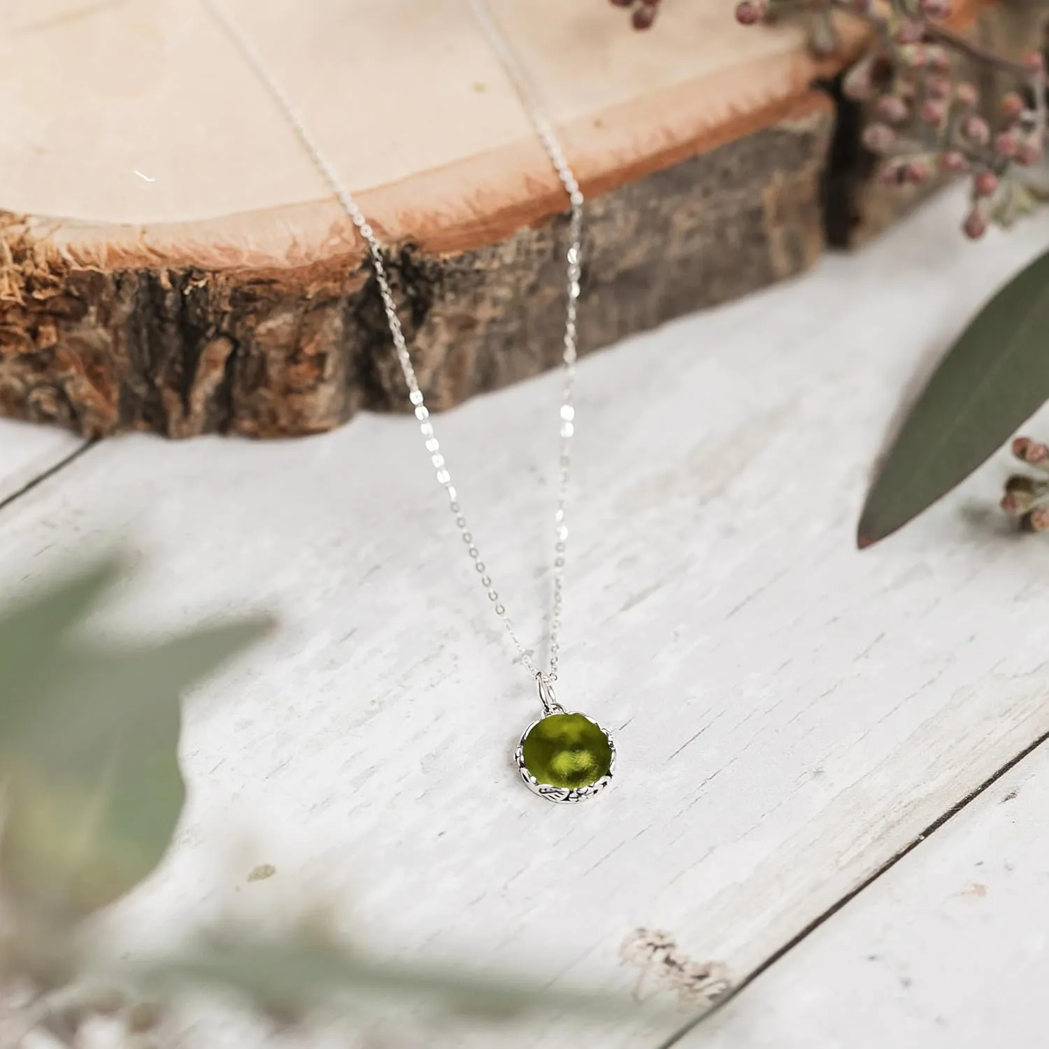 Bottled Up Designs Handmade Vintage Necklace, Recycled Wine Bottle, Sterling Silver, Eco Friendly, Made in USA, Birthday Gifts, Mothers Day, Women, Anniversary (Olive Wine Bottle)