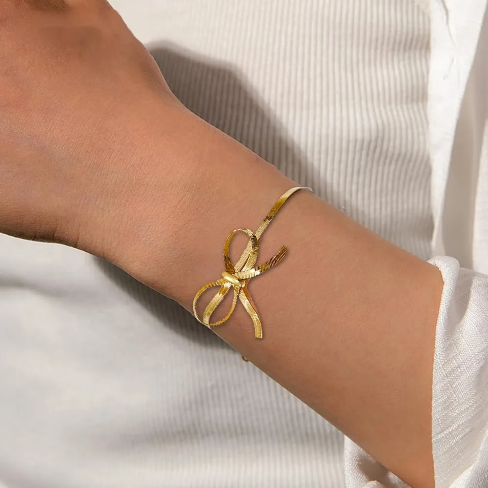 Bowknot Bracelet for Women Gold/Silver Stainless Steel Bow Bracelet Adjustable Ribbon Bow Bracelet Dainty Jewelry Gifts