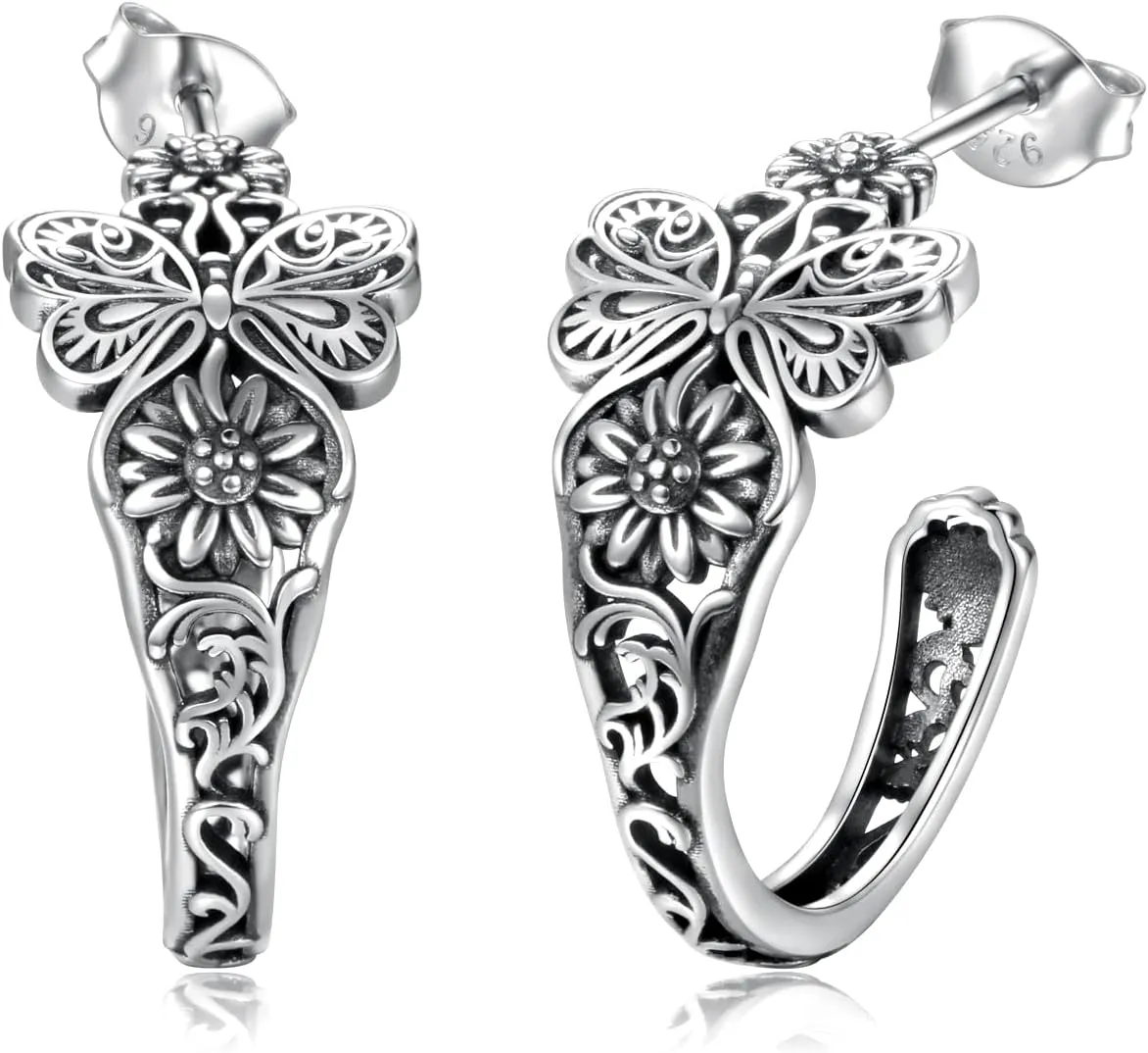Butterfly Spoon Hoop Earrings Sterling Silver Open Hoops Hypoallergenic Spoon Vintage Boho Jewelry Gifts for Women