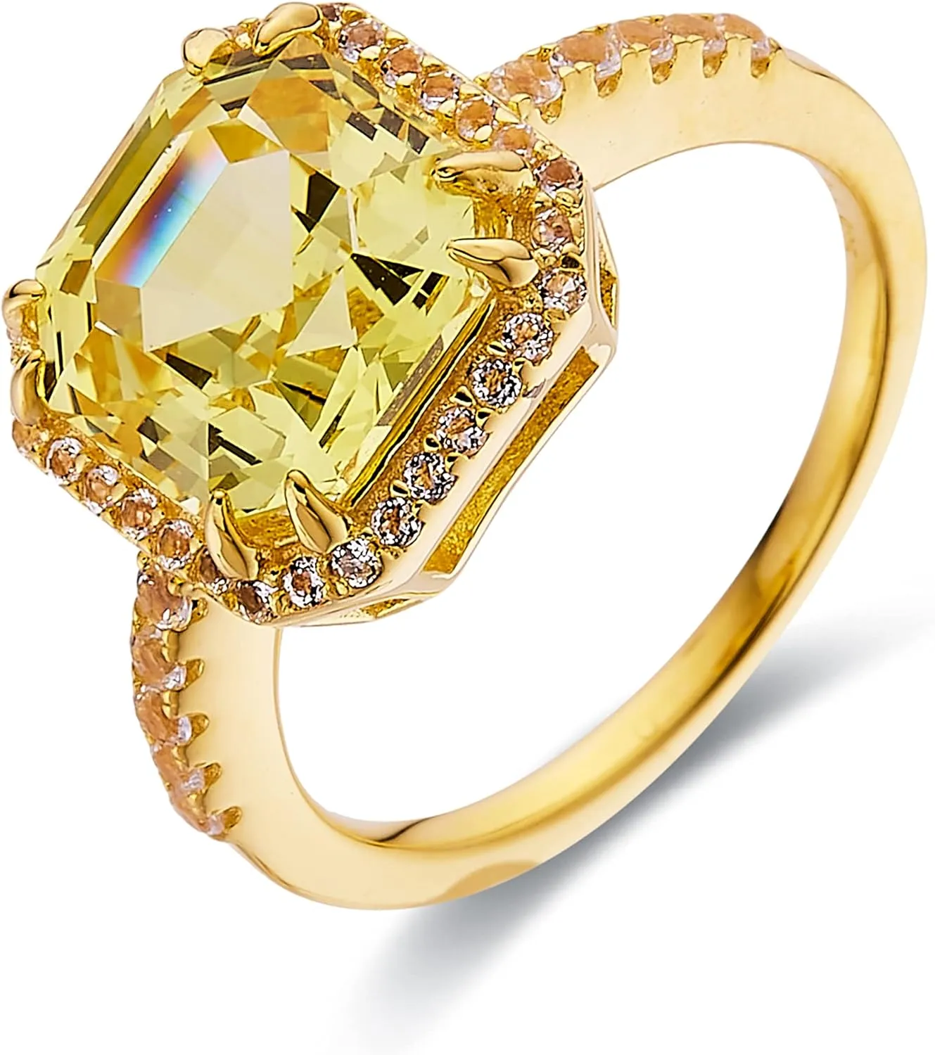 Canary Yellow Sapphire Asscher Cut Halo Ring Created Yellow Sapphire Gemstone Statement Ring 18K Yellow Gold Plated Sterling Silver Ring Jewelry Gift for Her in Sizes 5 6 7 8