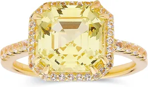 Canary Yellow Sapphire Asscher Cut Halo Ring Created Yellow Sapphire Gemstone Statement Ring 18K Yellow Gold Plated Sterling Silver Ring Jewelry Gift for Her in Sizes 5 6 7 8
