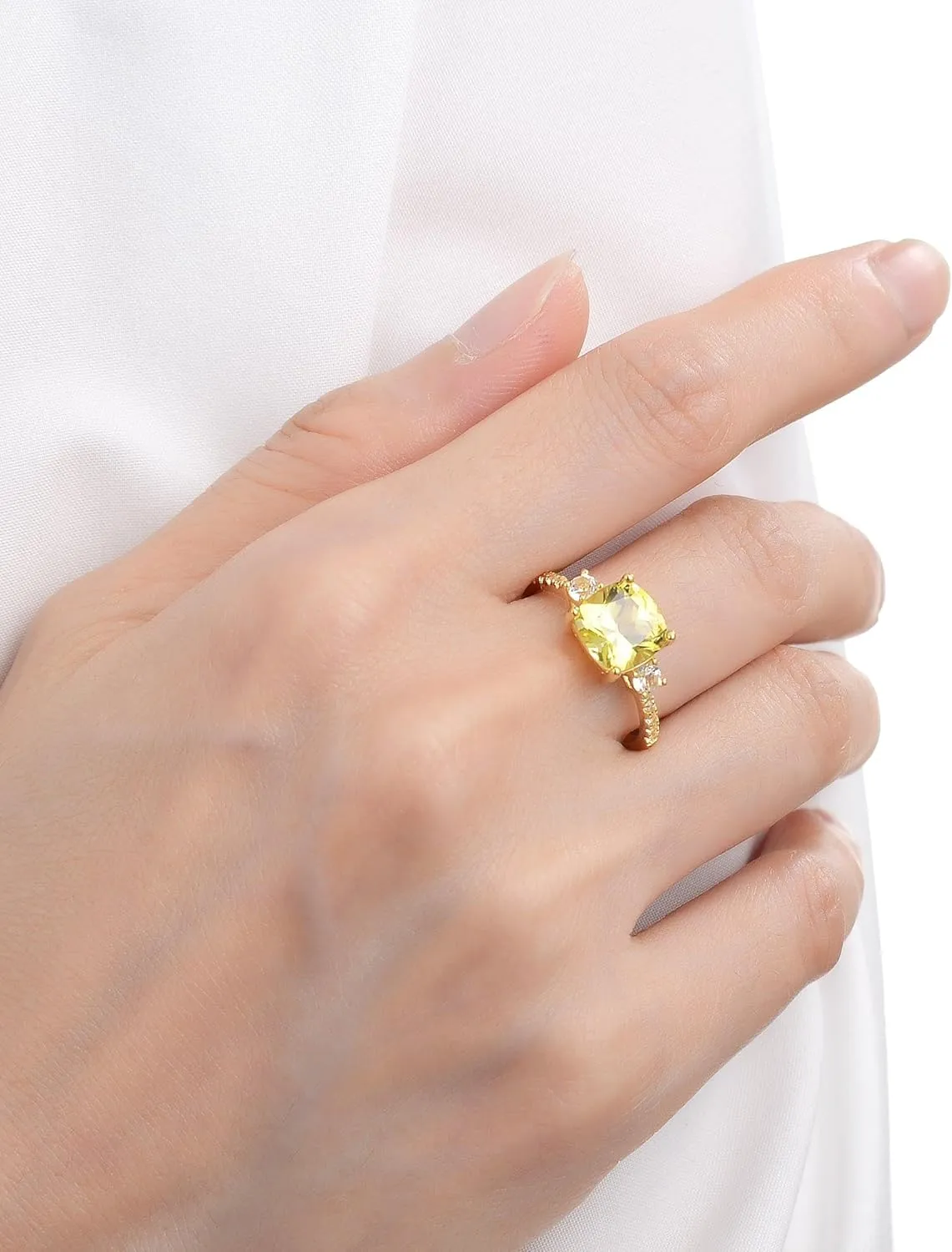 Canary Yellow Sapphire Cushion Cut Three Stone Statement Ring Created Yellow Sapphire Gemstone 18K Gold Plated Sterling Silver Ring Jewelry Gift for Her in Size 5 6 7 8