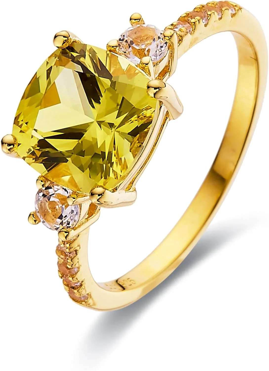 Canary Yellow Sapphire Cushion Cut Three Stone Statement Ring Created Yellow Sapphire Gemstone 18K Gold Plated Sterling Silver Ring Jewelry Gift for Her in Size 5 6 7 8