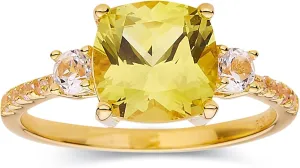 Canary Yellow Sapphire Cushion Cut Three Stone Statement Ring Created Yellow Sapphire Gemstone 18K Gold Plated Sterling Silver Ring Jewelry Gift for Her in Size 5 6 7 8