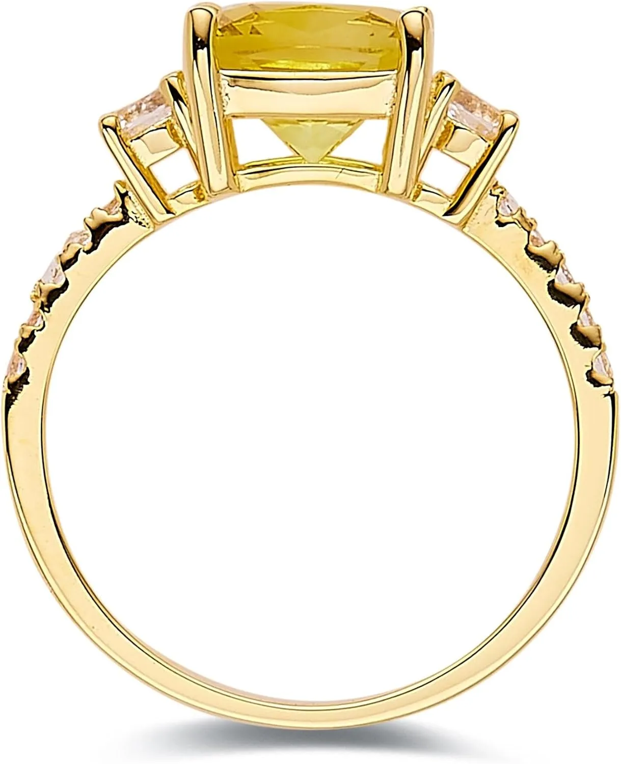 Canary Yellow Sapphire Cushion Cut Three Stone Statement Ring Created Yellow Sapphire Gemstone 18K Gold Plated Sterling Silver Ring Jewelry Gift for Her in Size 5 6 7 8