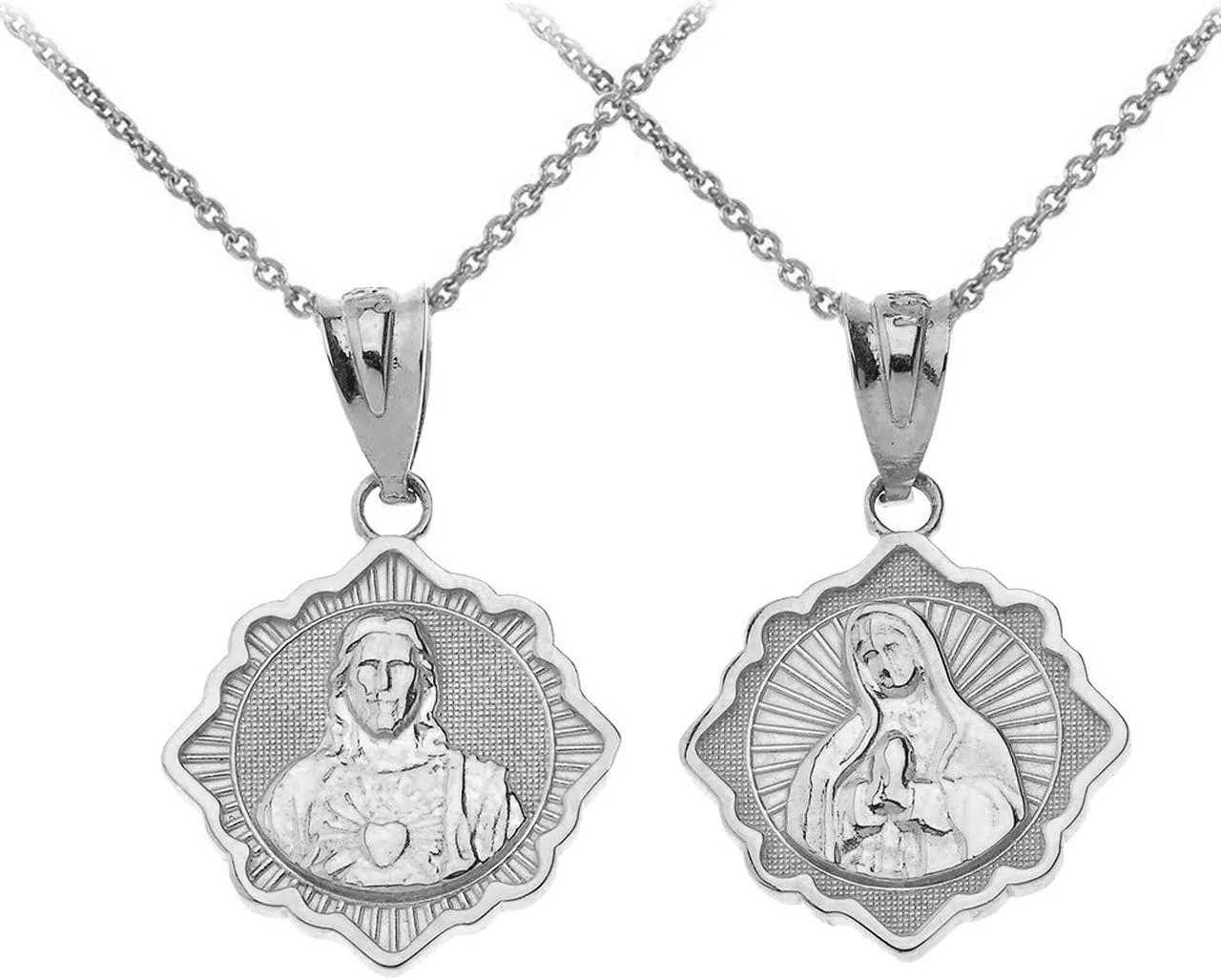 Catholic Charm Sterling Silver Immaculate Heart of Mary/Sacred Heart of Jesus Reversible Pendant Necklace