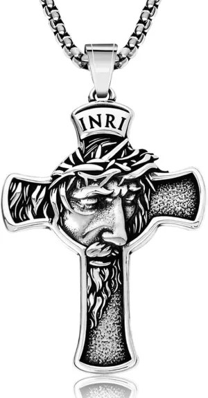 Catholic INRI Crucifix Necklace for Men & Women Stainless Steel Jesus Crown of Thorns Cross Pendant