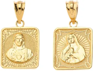 Certified 10k Gold Immaculate Heart of Mary/Sacred Heart of Jesus 0.87" Square Medal Reversible Pendant