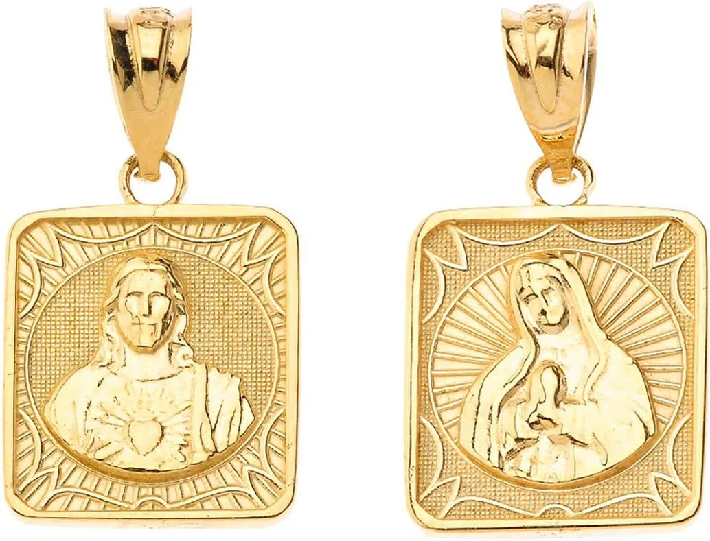 Certified 10k Gold Immaculate Heart of Mary/Sacred Heart of Jesus 0.87" Square Medal Reversible Pendant