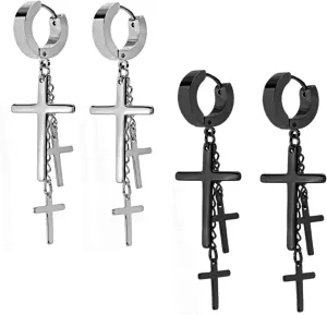 Charisma 80s Gothic Earring Cross Earrings for Men Dangle Hinged Hoop Huggie Earrings Stainless Steel, 2 Pairs Steel and Black