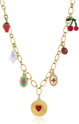 Charm Necklace for Women Chunky Charm Necklace Dainty Heart Pearl Cross Cherry Fruit Butterfly Charms Christian Cross Necklace Christmas Gifts 2024