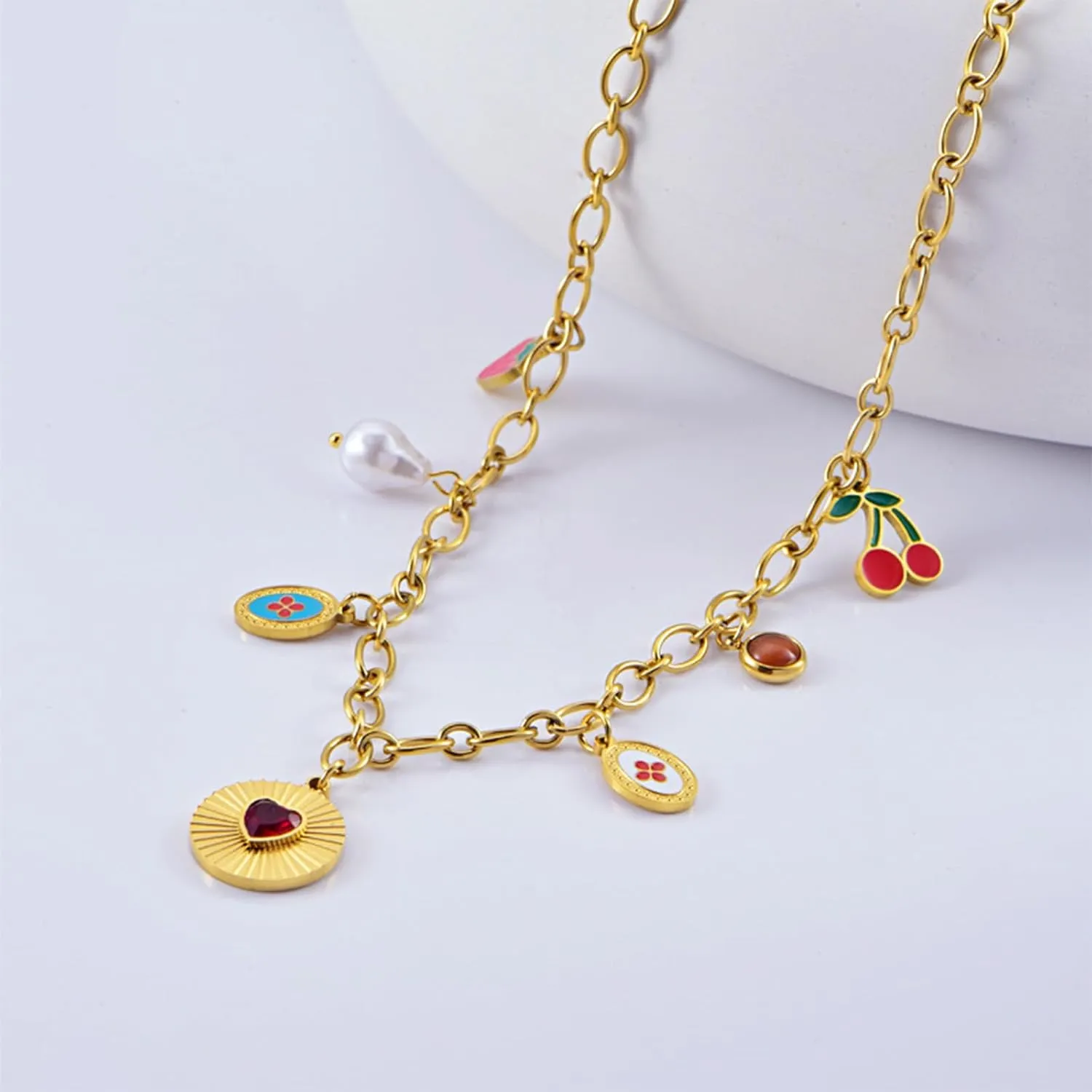 Charm Necklace for Women Chunky Charm Necklace Dainty Heart Pearl Cross Cherry Fruit Butterfly Charms Christian Cross Necklace Christmas Gifts 2024