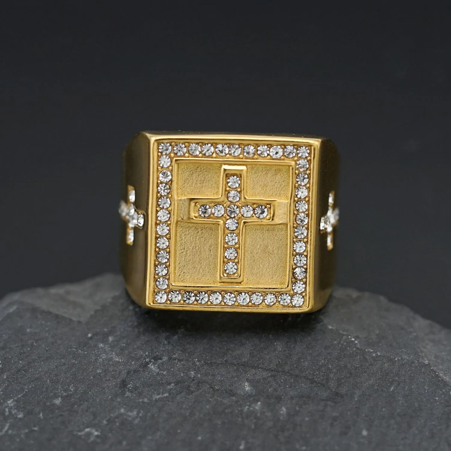 Christian Cross Gold Plated Cubic Zirconia Sparkly Square Signet Ring for Men,Stainless Steel Religious Faith thumb Pinky Ring Biker Fashion Jesus Ring Catholic Prayer Jewelry