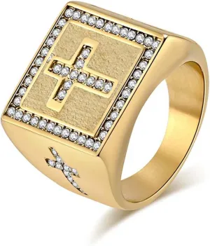 Christian Cross Gold Plated Cubic Zirconia Sparkly Square Signet Ring for Men,Stainless Steel Religious Faith thumb Pinky Ring Biker Fashion Jesus Ring Catholic Prayer Jewelry