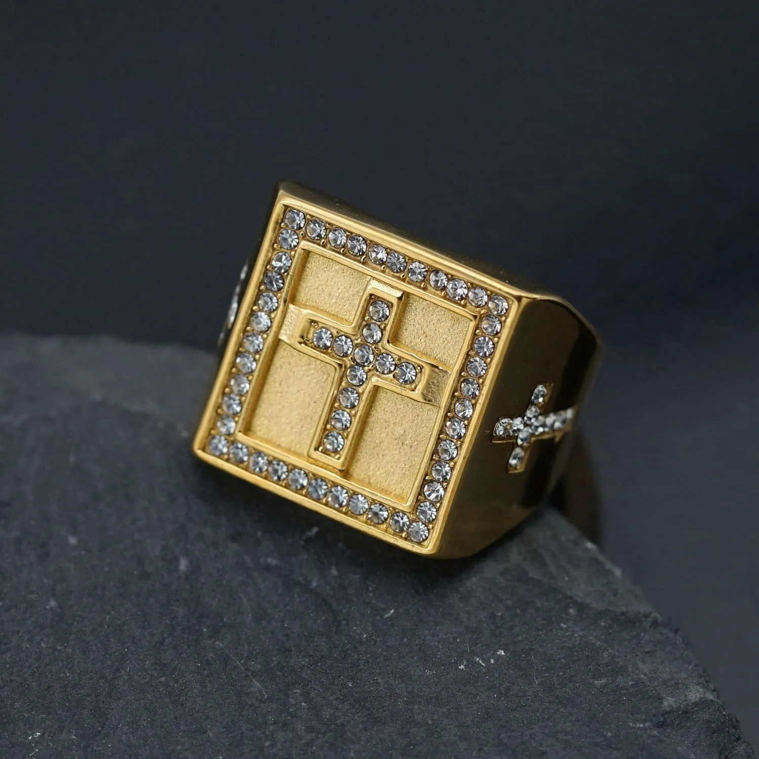 Christian Cross Gold Plated Cubic Zirconia Sparkly Square Signet Ring for Men,Stainless Steel Religious Faith thumb Pinky Ring Biker Fashion Jesus Ring Catholic Prayer Jewelry