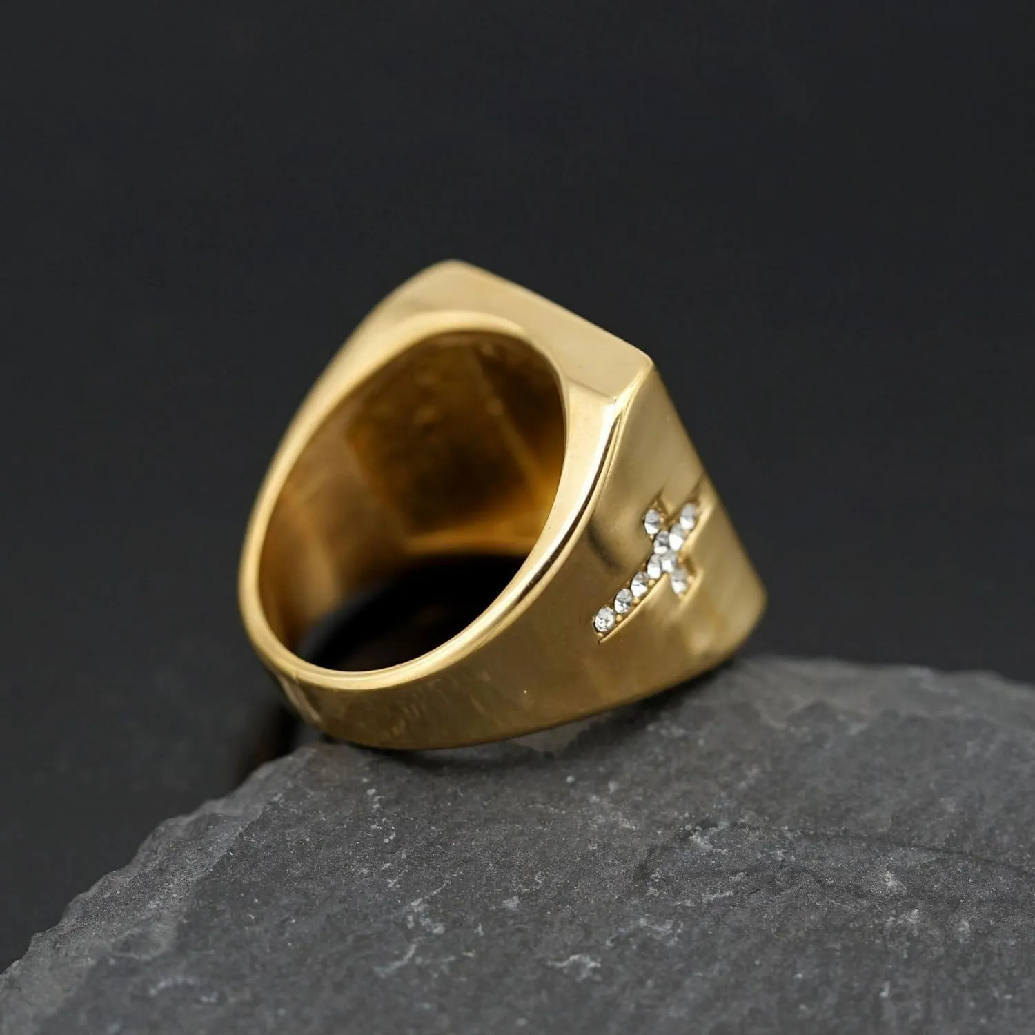 Christian Cross Gold Plated Cubic Zirconia Sparkly Square Signet Ring for Men,Stainless Steel Religious Faith thumb Pinky Ring Biker Fashion Jesus Ring Catholic Prayer Jewelry