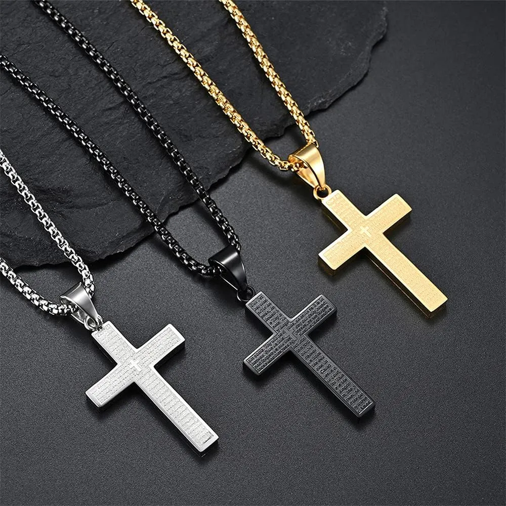 Chunky Bible Verses Crucifix Cross Faith Pendant Necklace for Men Women Prayers Inspirational Jesus Memorial Statement Stainless Steel Box Chain Necklace Father Boyfriend Son Xmas New Year Gifts 23.6"