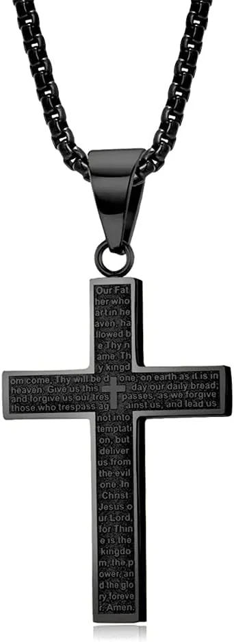 Chunky Bible Verses Crucifix Cross Faith Pendant Necklace for Men Women Prayers Inspirational Jesus Memorial Statement Stainless Steel Box Chain Necklace Father Boyfriend Son Xmas New Year Gifts 23.6"