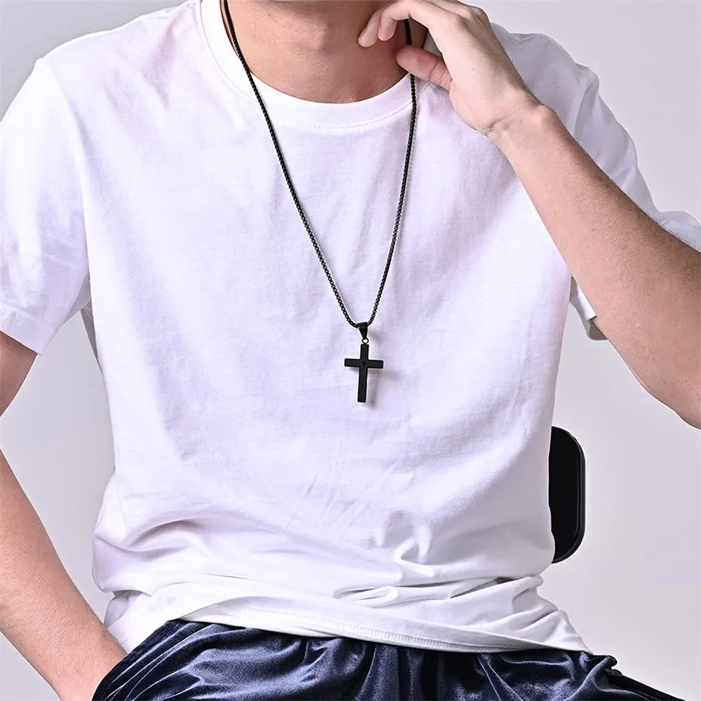 Chunky Bible Verses Crucifix Cross Faith Pendant Necklace for Men Women Prayers Inspirational Jesus Memorial Statement Stainless Steel Box Chain Necklace Father Boyfriend Son Xmas New Year Gifts 23.6"