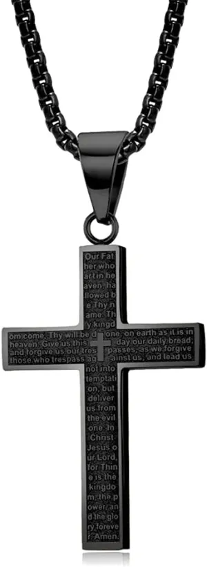 Chunky Bible Verses Crucifix Cross Faith Pendant Necklace for Men Women Prayers Inspirational Jesus Memorial Statement Stainless Steel Box Chain Necklace Father Boyfriend Son Xmas New Year Gifts 23.6"