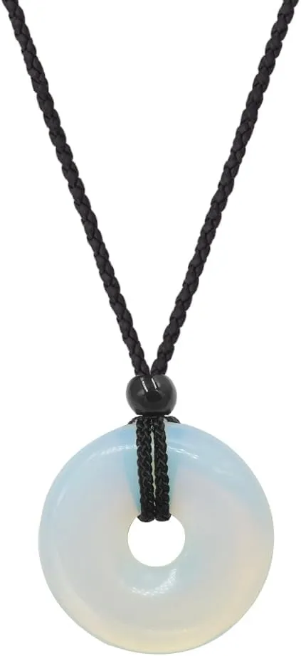 Circle Donut Healing Crystals Necklace - 30mm Natural Chakra Gemstone Stone Amulet Lucky Coin Donuts Charm Protection Quartz Pendant Necklace for Men Women Adjustable Rope - Opal