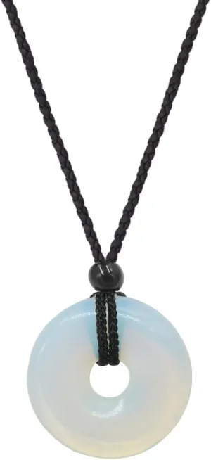 Circle Donut Healing Crystals Necklace - 30mm Natural Chakra Gemstone Stone Amulet Lucky Coin Donuts Charm Protection Quartz Pendant Necklace for Men Women Adjustable Rope - Opal