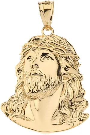 Claddagh Gold - Fashion 10k Yellow Gold Face of Christ, Jesus Necklace Pendant, 1.46"