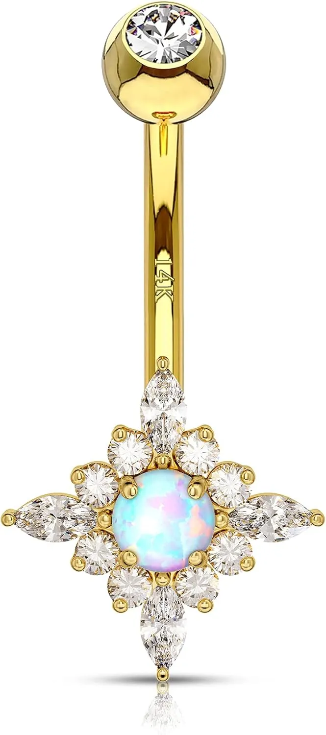 COCHARM 14k Yellow Gold Star Belly Button Rings 14g Cute Real Gold Simulated Diamond and Opal Belly Piercing Jewelry Solid Gold Belly Barbell for Women Dainty 14Kt Belly Navel Bar