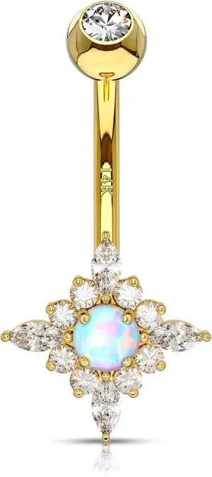 COCHARM 14k Yellow Gold Star Belly Button Rings 14g Cute Real Gold Simulated Diamond and Opal Belly Piercing Jewelry Solid Gold Belly Barbell for Women Dainty 14Kt Belly Navel Bar