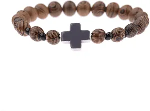 COLORFUL BLING 8MM Natural Wooden Beads Christian Prayer Cross Bracelet for Men Women Handmade Classic Religious Jewelry