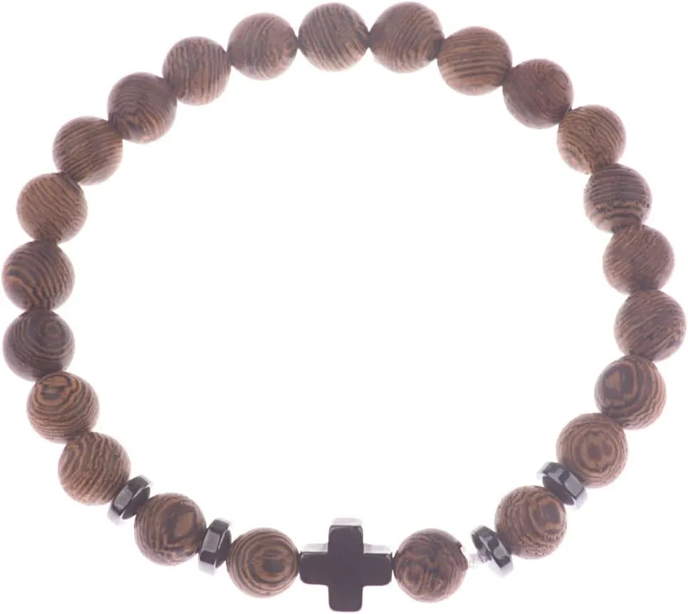 COLORFUL BLING 8MM Natural Wooden Beads Christian Prayer Cross Bracelet for Men Women Handmade Classic Religious Jewelry