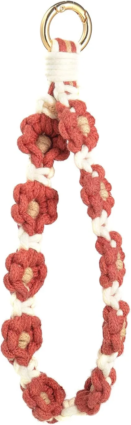 COLORFUL BLING Boho Macrame Wristlet Keychain Handmade Weave Daisy Flower Bracelet Keyring Holder Wrist Lanyard