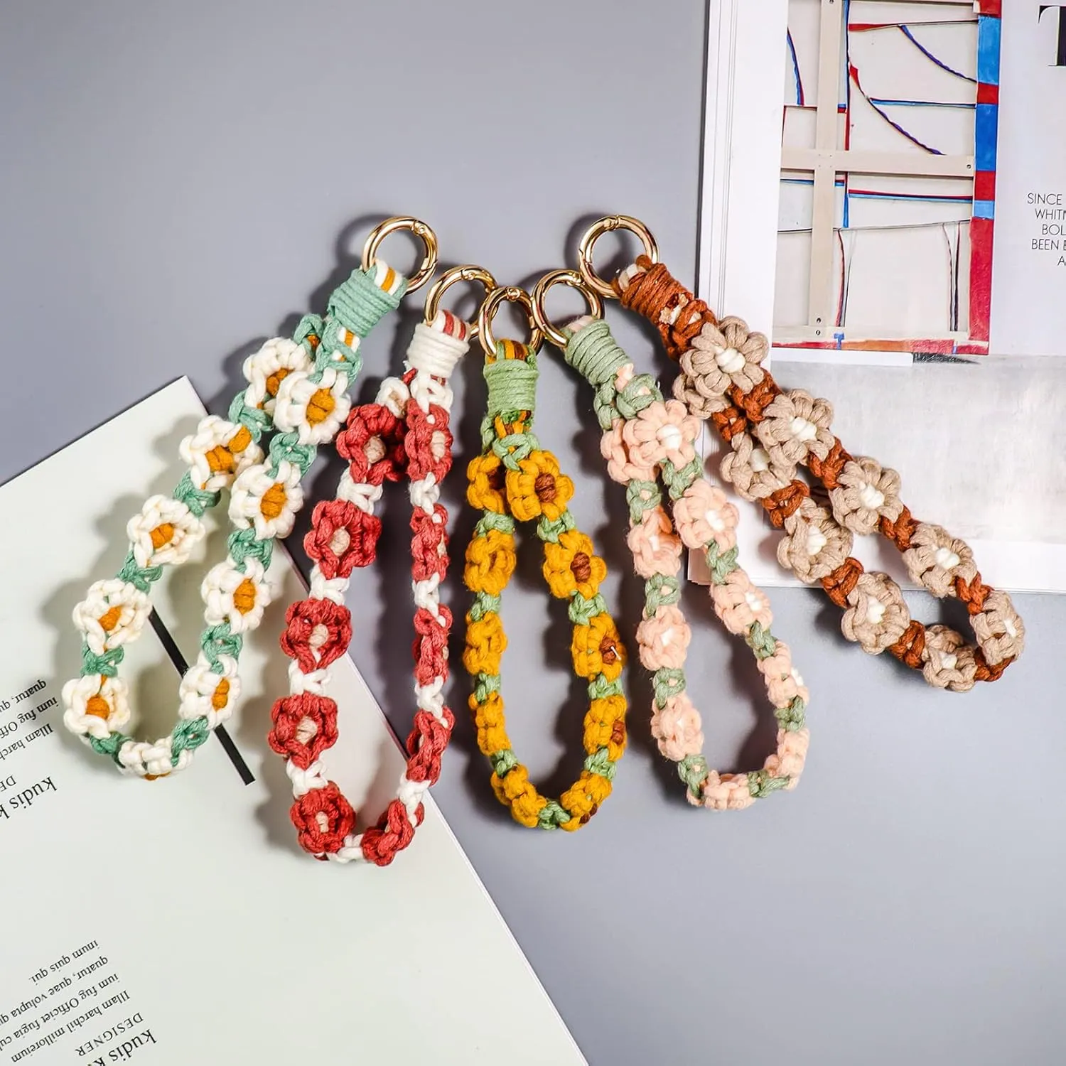 COLORFUL BLING Boho Macrame Wristlet Keychain Handmade Weave Daisy Flower Bracelet Keyring Holder Wrist Lanyard